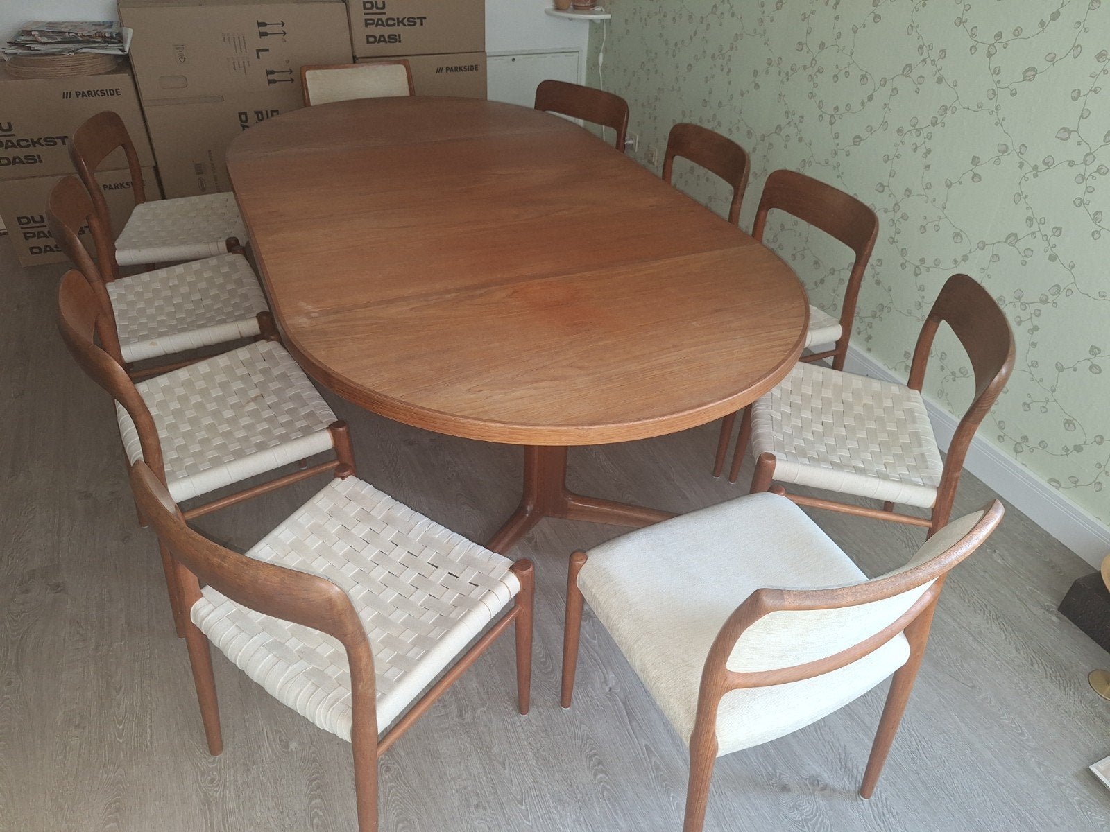 Set Möller stoelen 10 stuks + vintage teak tafel, Ophalen of Verzenden, Teakhout