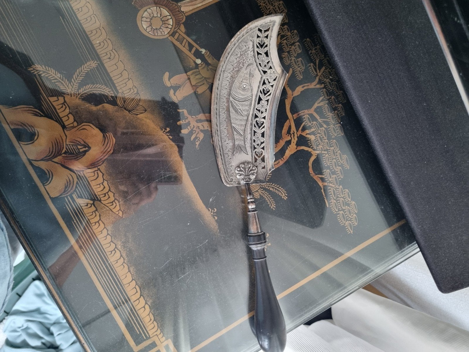 Antieke Zilveren Visschep met Gravure,Taxatie Kunst & Kitsch, Ophalen of Verzenden