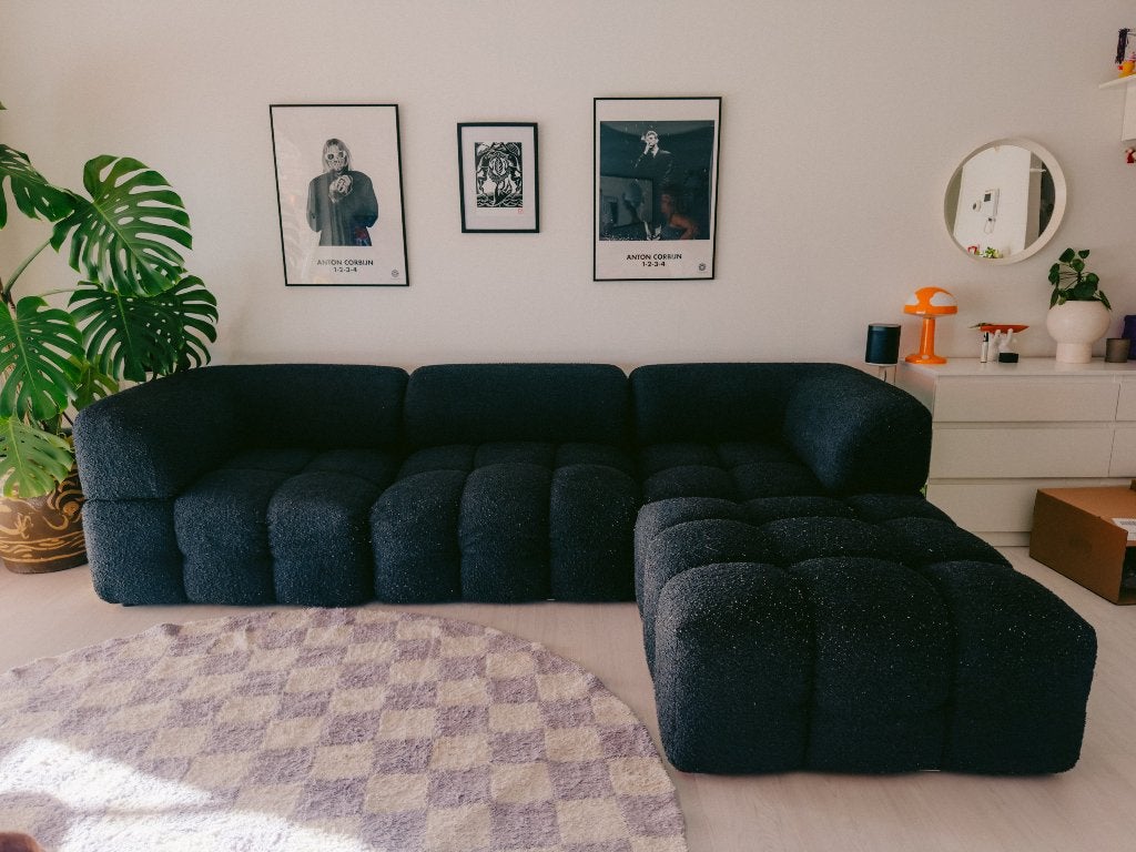 Sissy-Boy Marquis modulaire bank zwart bouclé + hocker, Ophalen, 250 tot 300 cm, Gebruikt, Hoekbank