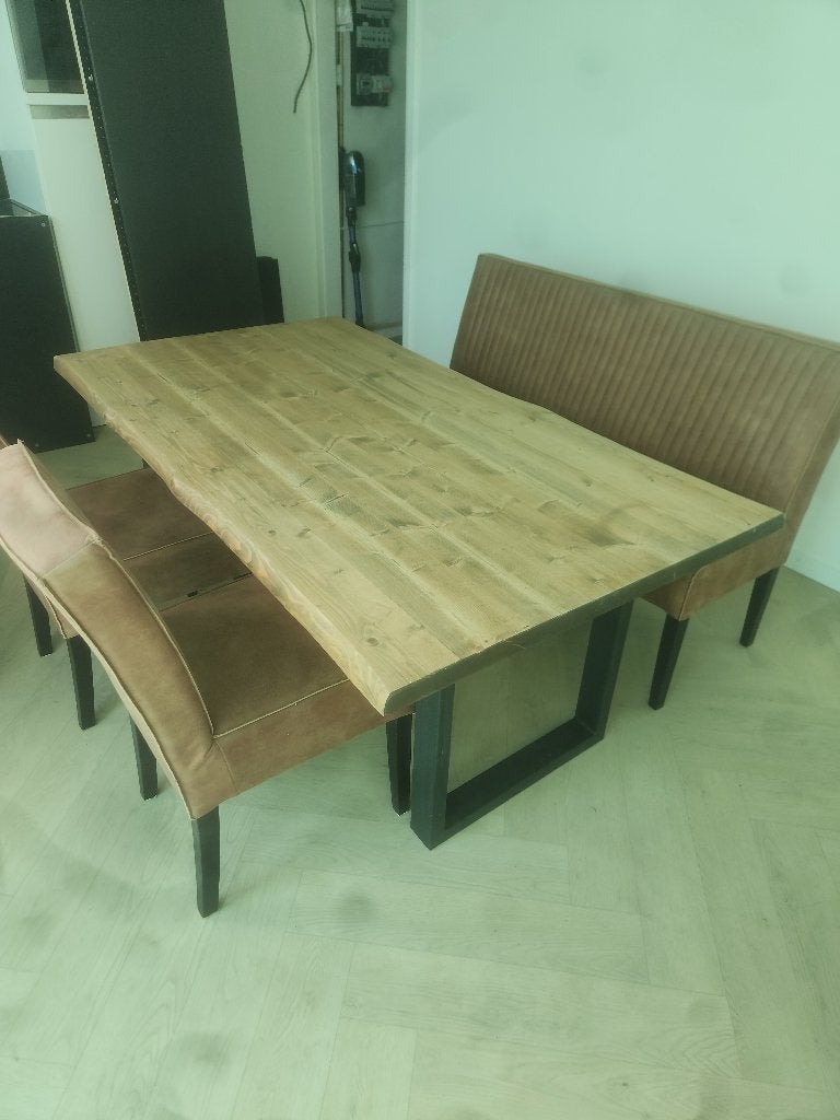 Stoere eettafel met stoelen en eetkamerbank – Rodeo-stijl, Ophalen, Gebruikt, 50 tot 100 cm, Vijf personen of meer