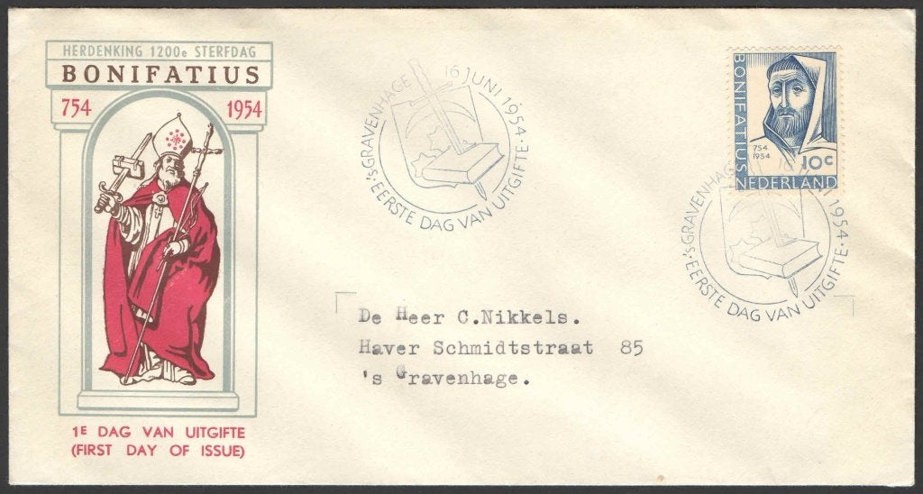 Nederland FDC E17 Met Adres, Bonifatius 1954, Postzegels en Munten, Ophalen of Verzenden, Beschreven, Nederland