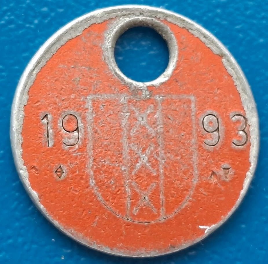 Hondenbelastingpenning Amsterdam - 1993 (gebruikt), Postzegels en Munten, Penningen en Medailles, Ophalen of Verzenden, Overige materialen