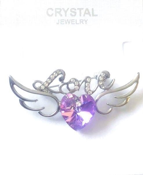 Broche hart - love - engel vleugels witgoud met kristallen, Sieraden, Tassen en Uiterlijk, Met kristal, Overige materialen, 4 tot 7 cm