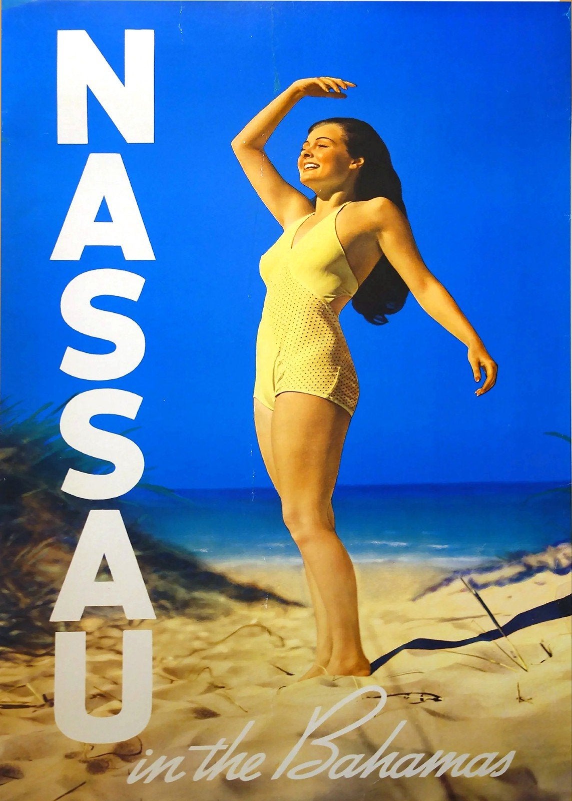 Vintage Nassau Bahamas Reclame Poster - Strand Schoonheid, Ophalen of Verzenden, A1 t/m A3, Reclame, Rechthoekig Staand