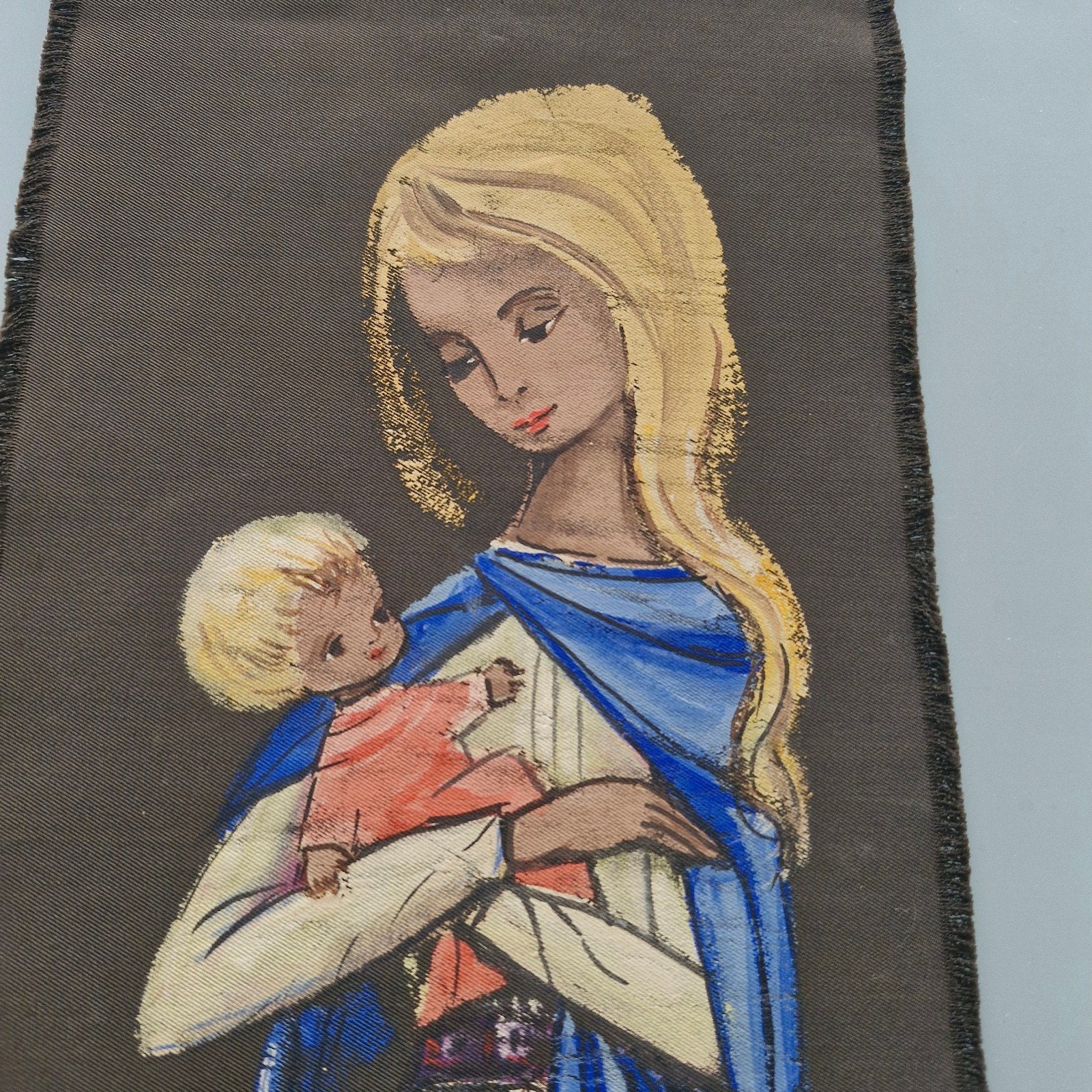 Vintage Madonna met Kind wandkleed - Handbeschilderd op stof, Ophalen of Verzenden