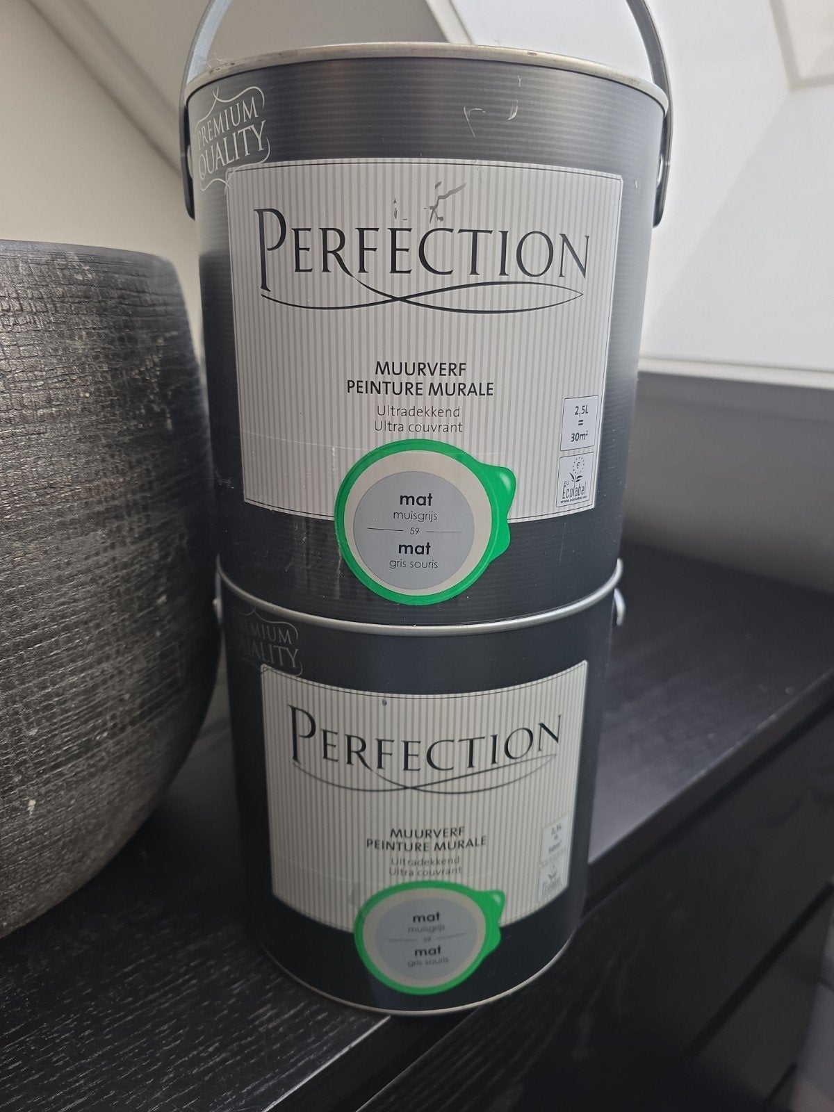 Nieuwe blikken Perfection muurverf - Mat Muisgrijs, Doe-het-zelf en Verbouw, Ophalen, Nieuw, Verf, Grijs