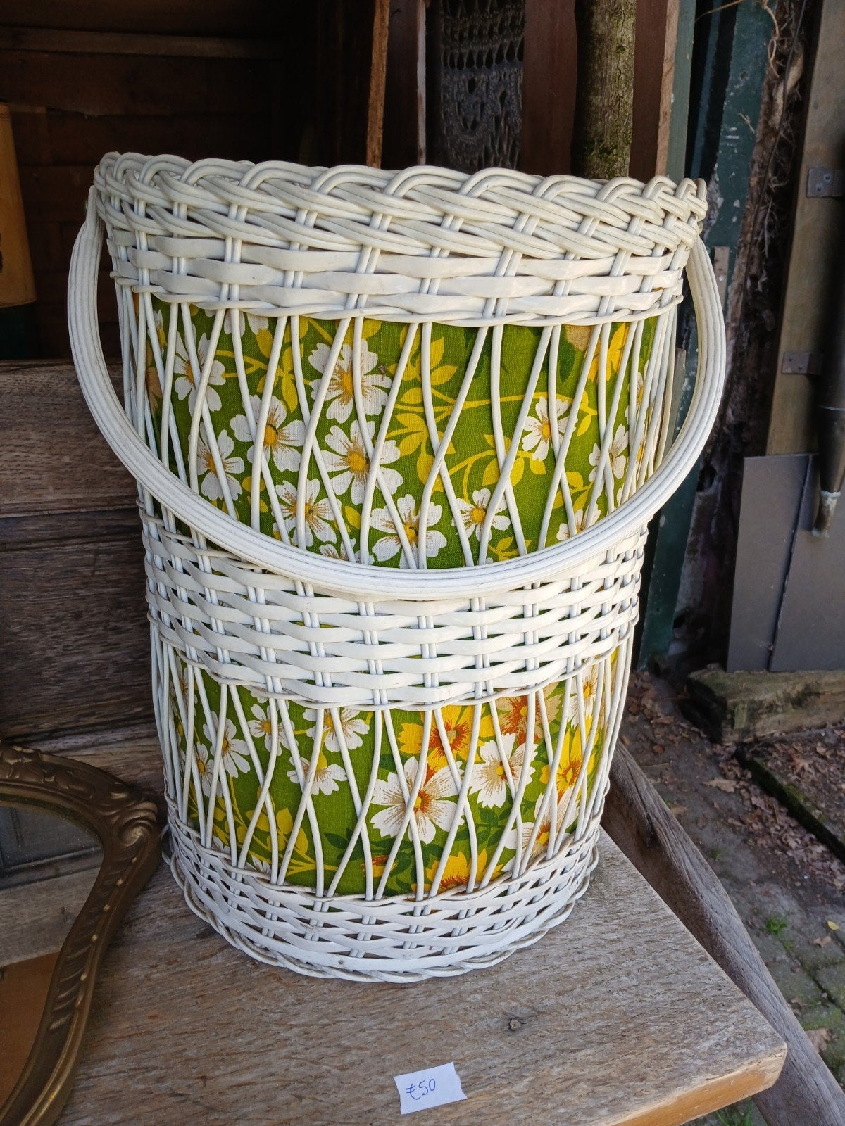 Vintage Witte Wasmand/Opbergmand met Bloemmotief, Ophalen of Verzenden