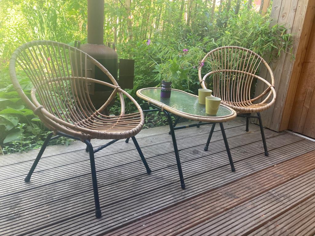 Vintage rotan set (Rohe Noordwolde, jaren ‘60), Huis en Inrichting, Stoelen, Gebruikt, Bruin, Ophalen of Verzenden, Twee