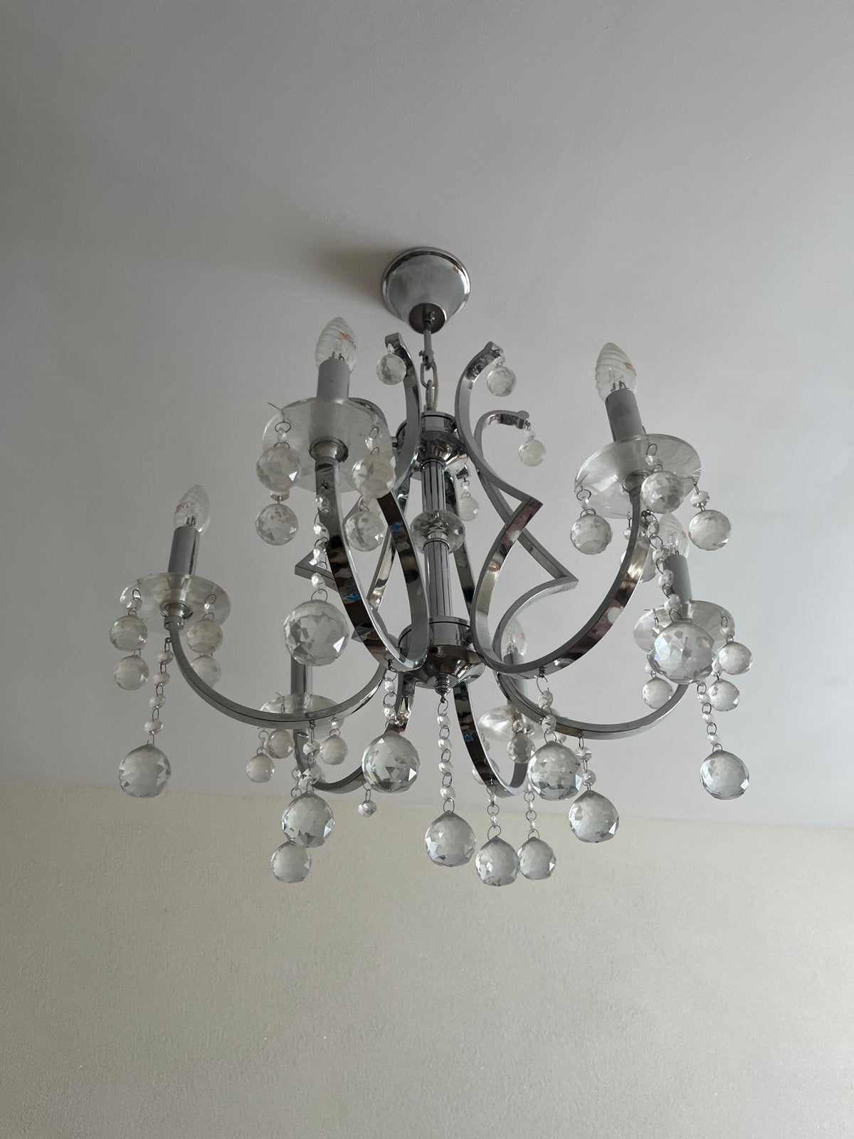 Moderne Kroonluchter met Kristallen - Chroom, Huis en Inrichting, Lampen | Kroonluchters, Ophalen, Zo goed als nieuw, Metaal, E14 (klein)