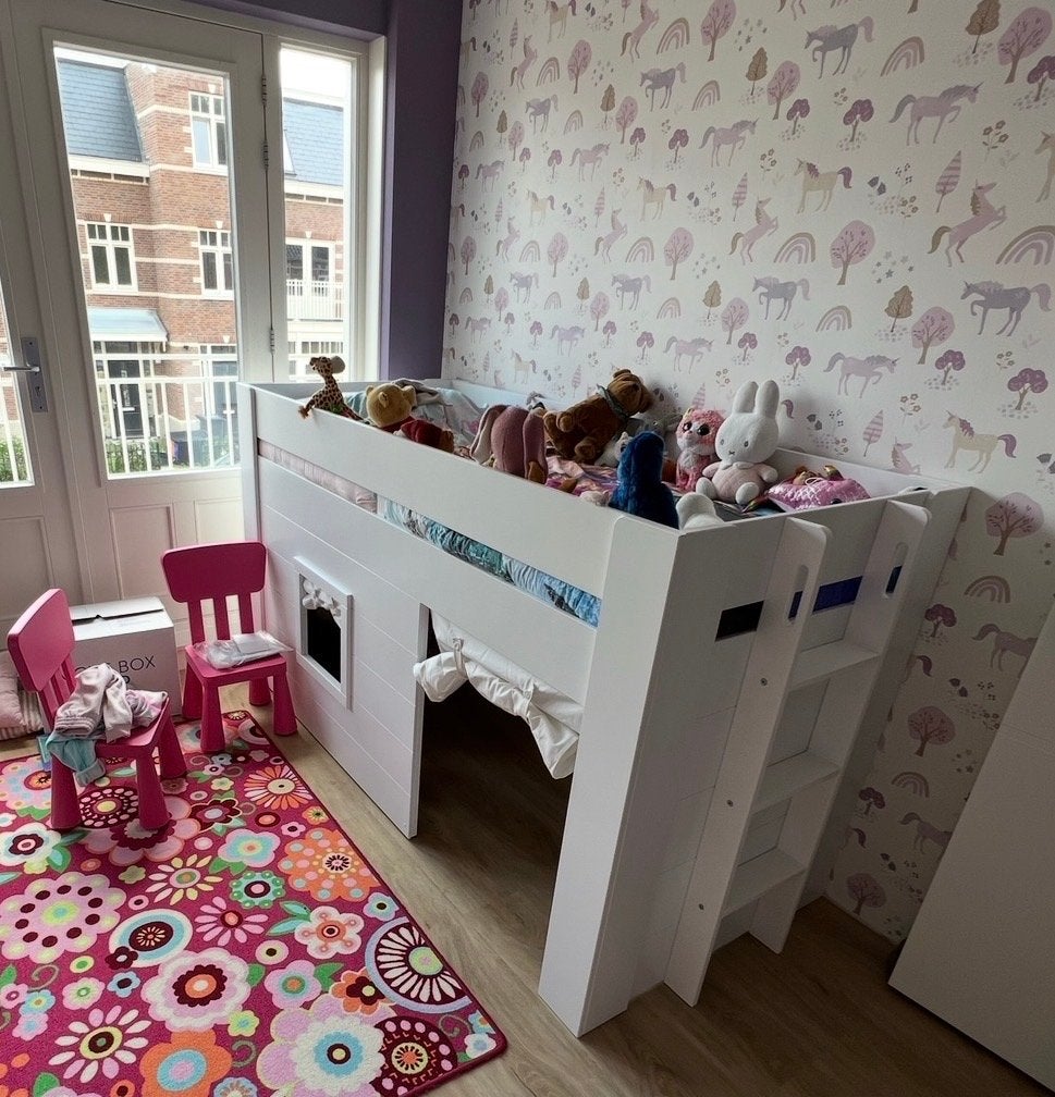 Halfhoogslaper 200x90cm met voorzetwand en gordijntjes, Ophalen, 85 tot 100 cm, Gebruikt, Hoogslaper of Stapelbed