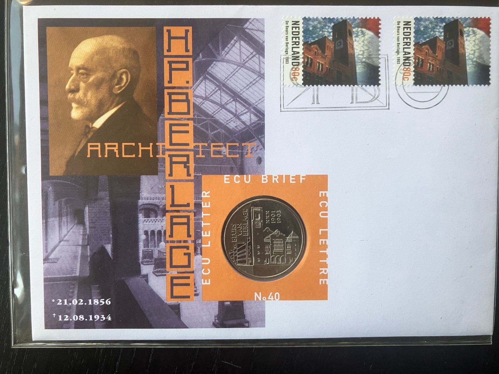 ECU Brief 40 - 1999 Hoogtepunten 20e Eeuw Beurs van Berlage, Postzegels en Munten, Penningen en Medailles, Verzenden, Overige materialen