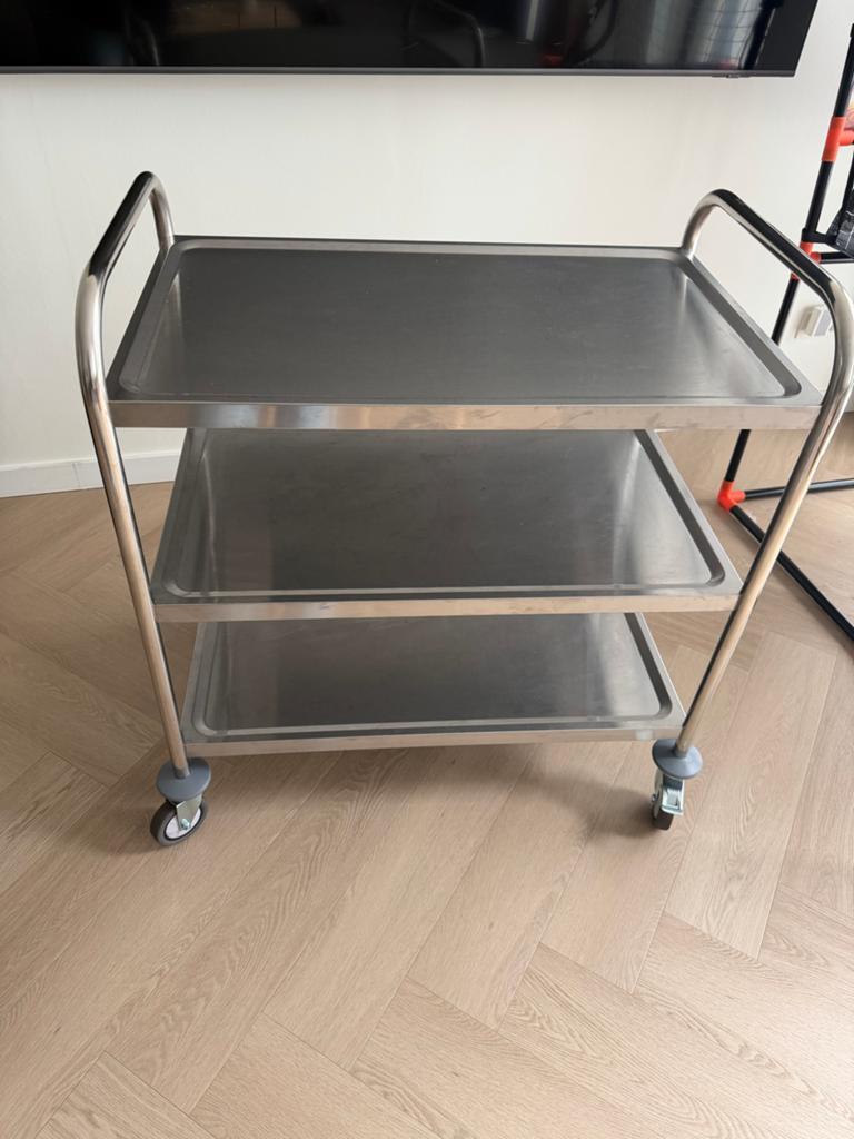 RVS Serveerwagen / Bijzettafel met 3 Bladen, Huis en Inrichting, Ophalen of Verzenden, Gebruikt
