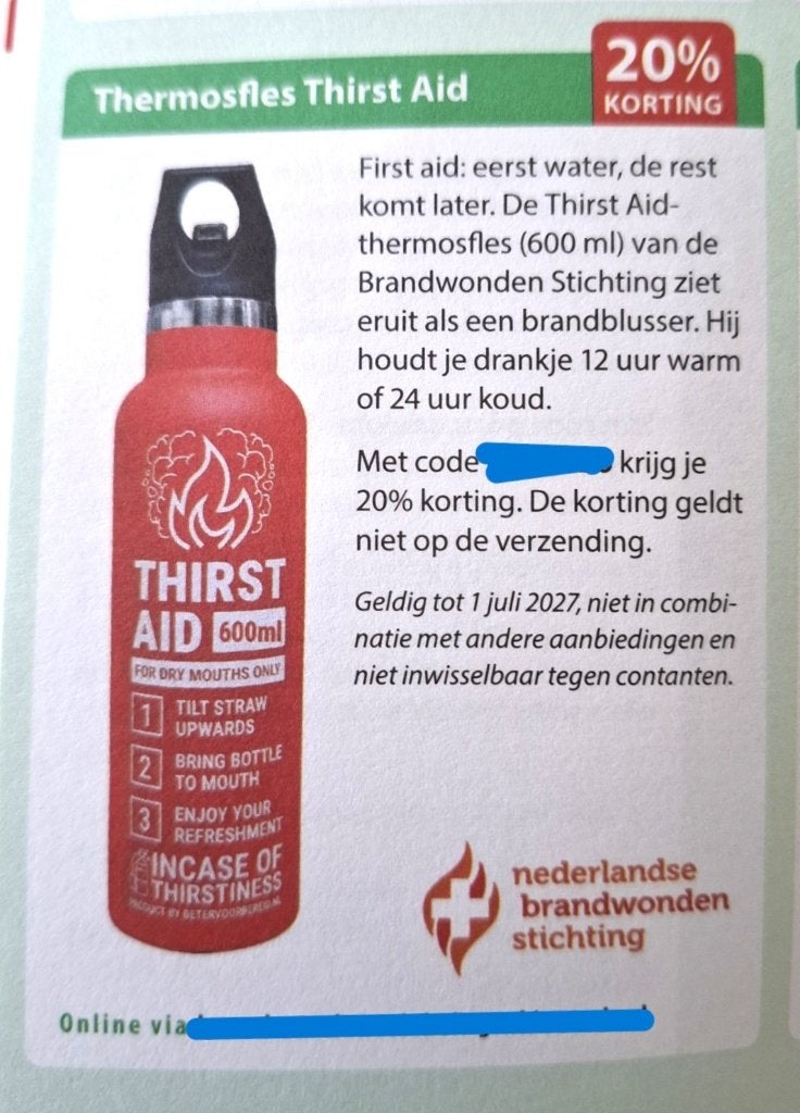 Thermosfles Thirst Aid 20% kortingscode, Eén persoon, Kortingsbon, Warenhuis- of Winkelbon