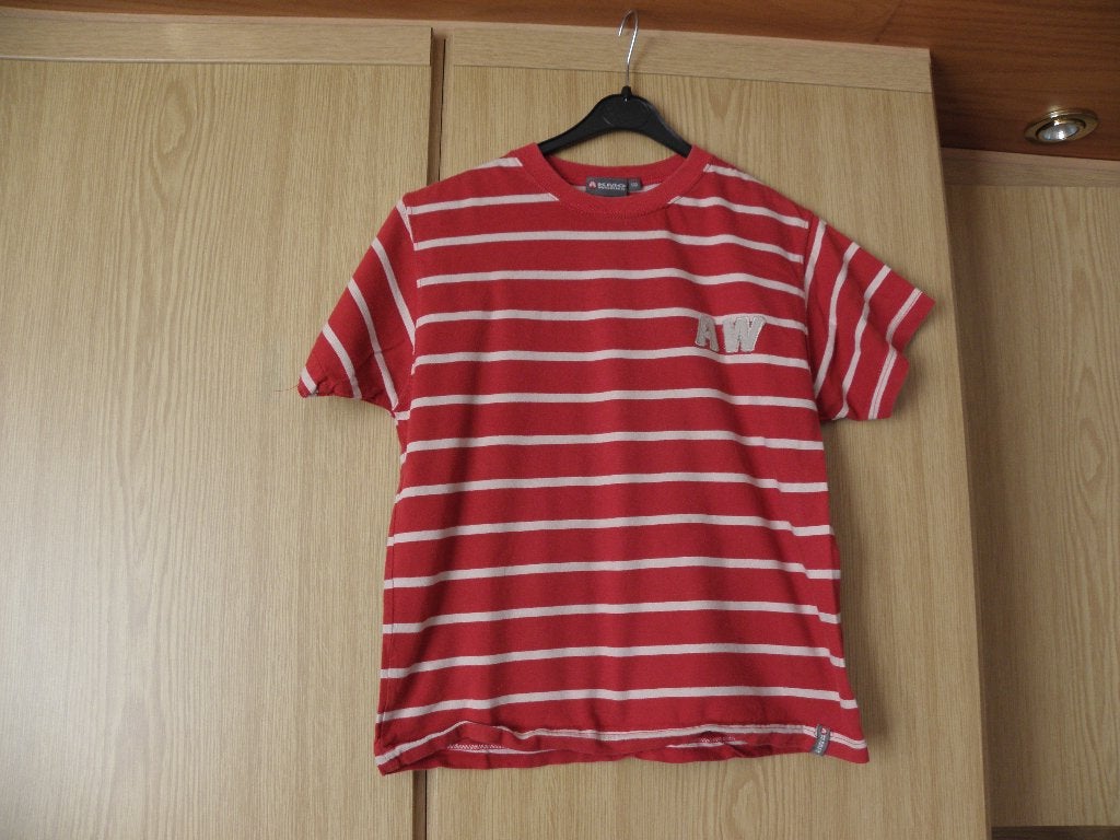 Goedkoop rood off white katoenen streep shirt AKMO WORKS 140, Gebruikt, Ophalen of Verzenden, Akmo Works, Shirt of Longsleeve