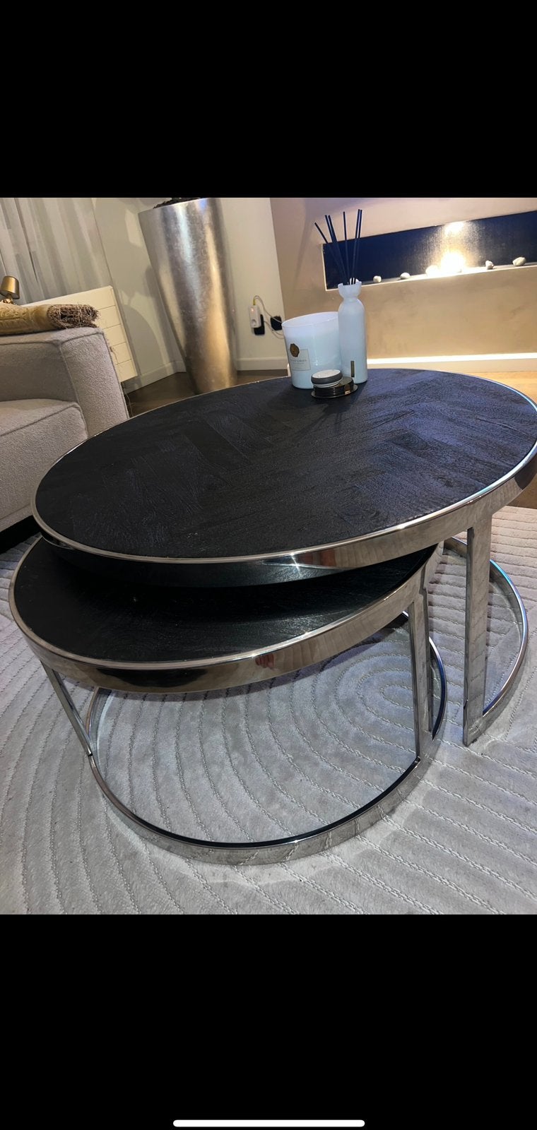Ronde salontafel set visgraat mangohout, 50 – 75, 50 tot 100 cm, Rond, Zo goed als nieuw