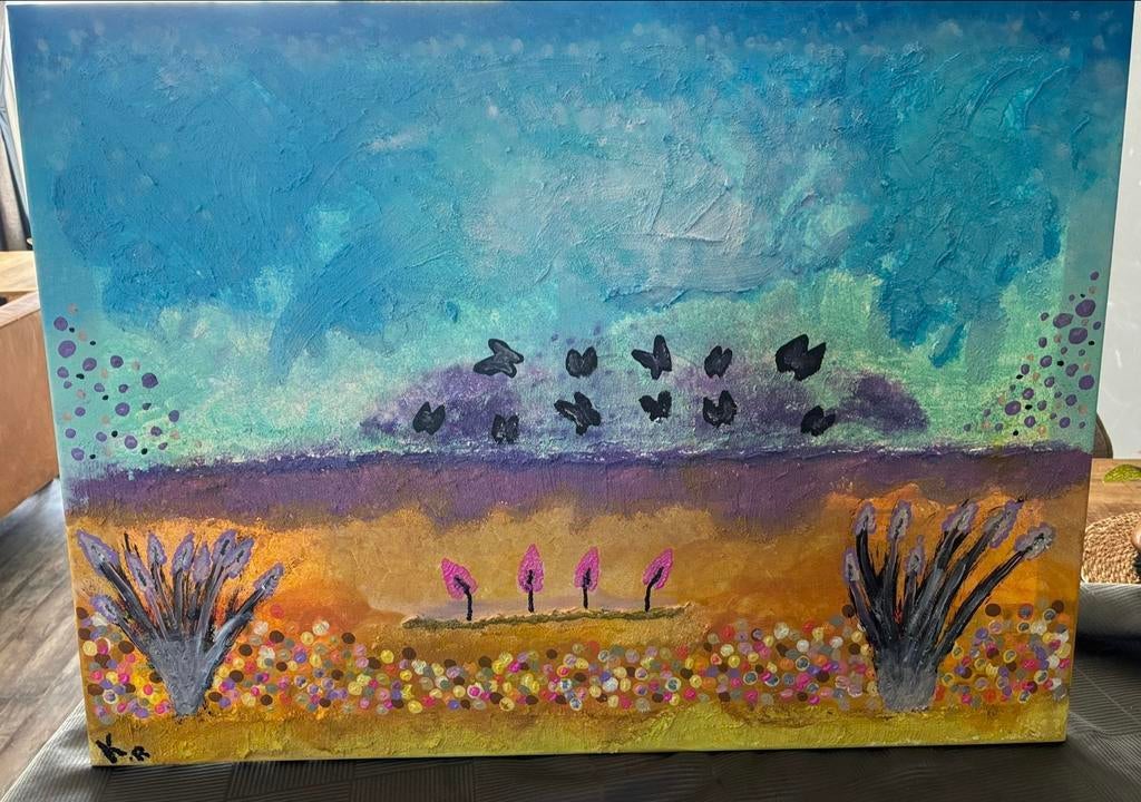 Abstract Schilderij: Vlinders in een Kleurrijk Landschap, Antiek en Kunst, Kunst | Schilderijen | Abstract, Ophalen of Verzenden