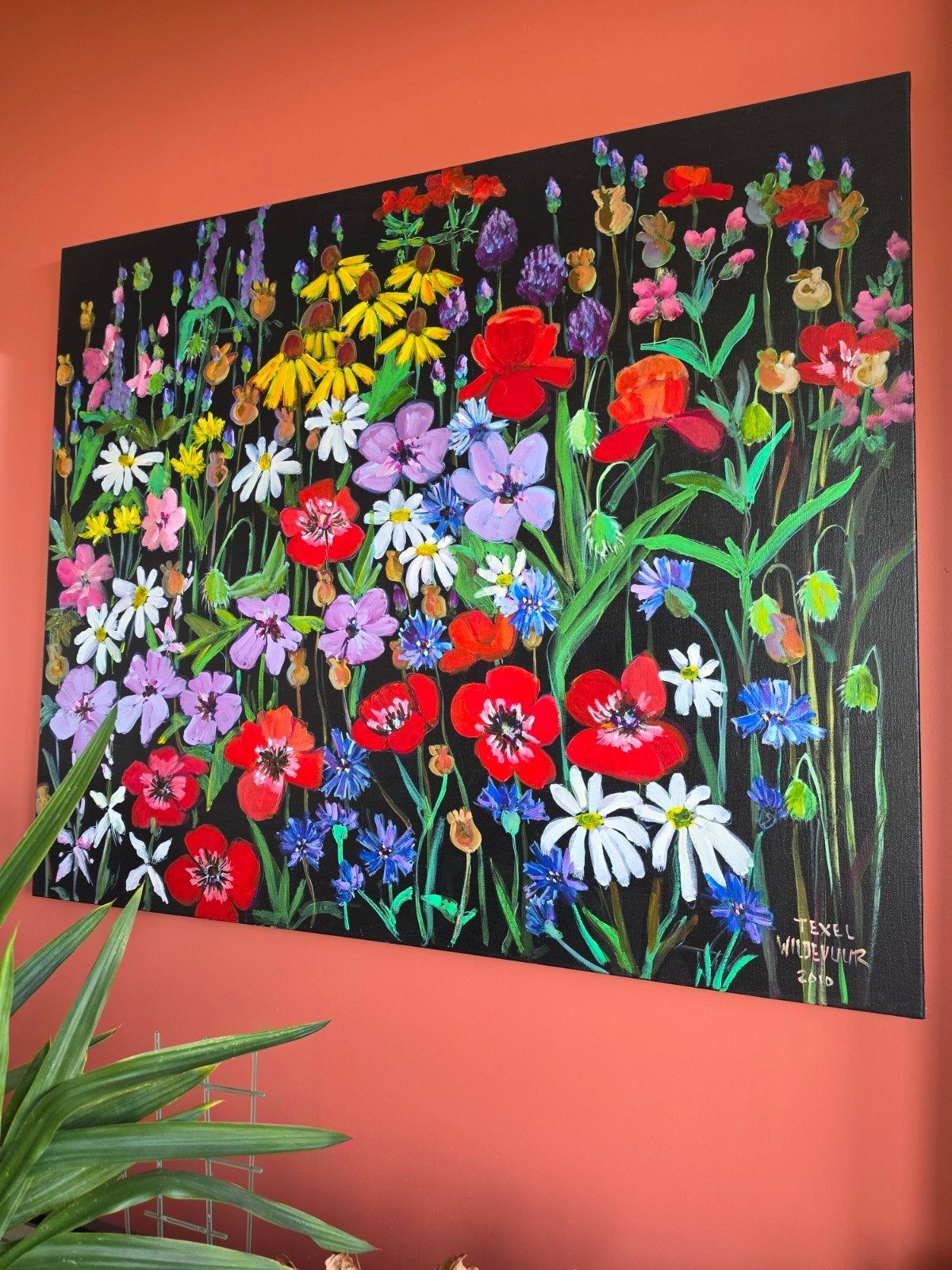 Kleurrijk bloemenschilderij op doek, 100 x 118 cm, Antiek en Kunst, Ophalen