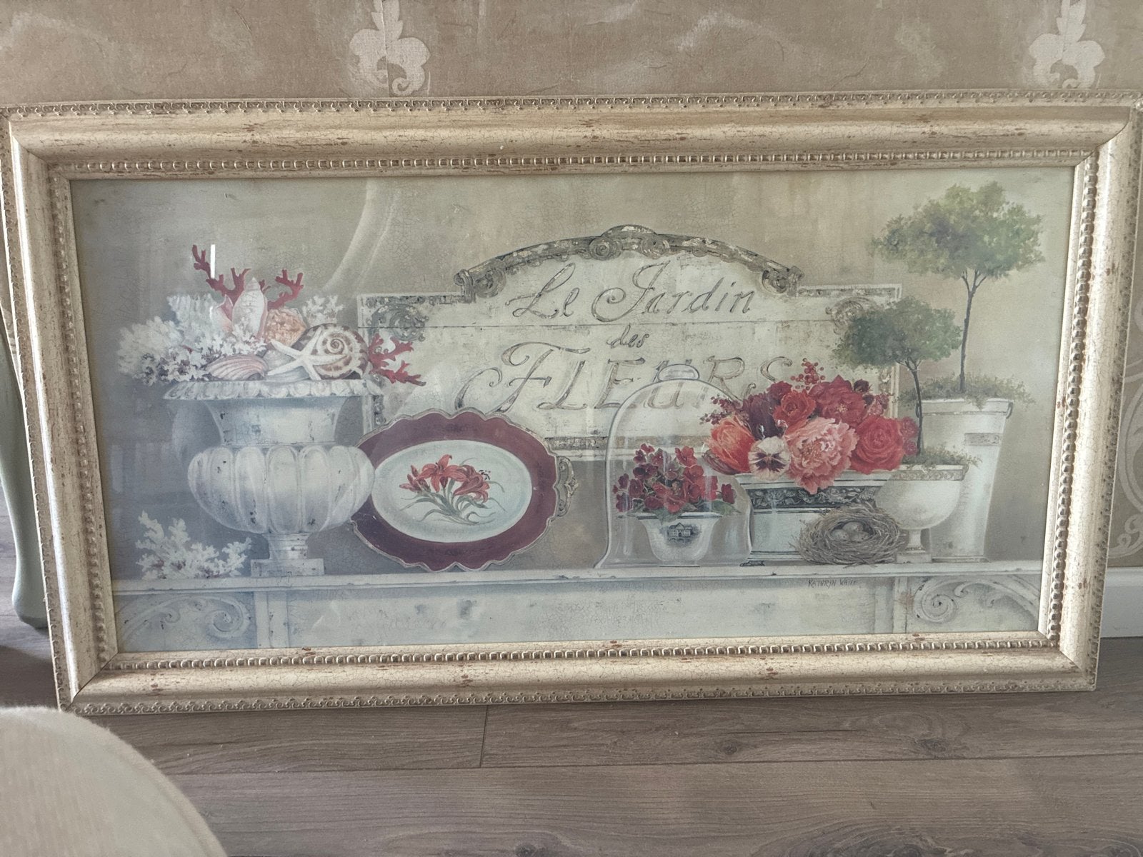 Schilderij 'Le Jardin des Fleurs' - Bloemstukken en schelpen, Huis en Inrichting, 50 – 75, Gebruikt, Ophalen of Verzenden, Schilderij