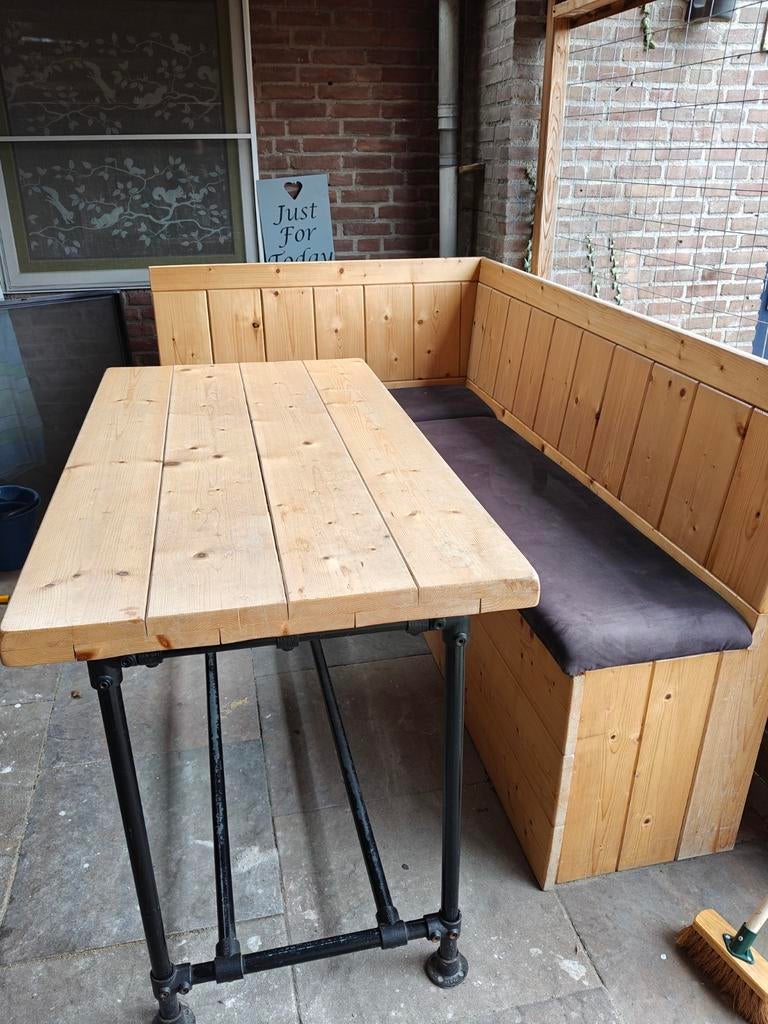 (Hoge) Hoekbank + eettafel (voor binnen of buiten), Huis en Inrichting, Complete eetkamers, Ophalen, Gebruikt, 4 tot 6 stoelen