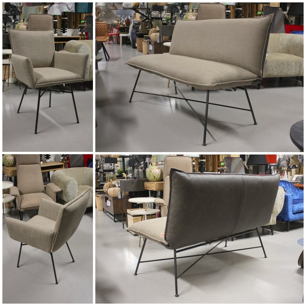 Luxe eetbank Vidar + 2 eetkamerstoelen Sanne Jess leer stof, Ophalen, Bruin, Leer, Zo goed als nieuw