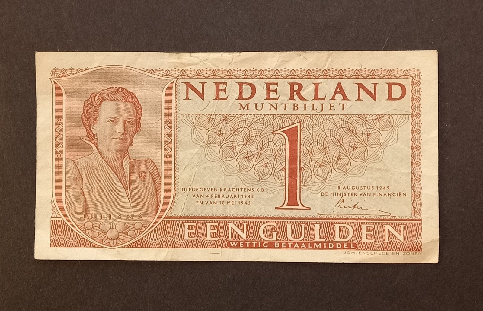 Nederlands Muntbiljet 1 Gulden 1949 Juliana, Postzegels en Munten, Ophalen of Verzenden, 1 gulden, Los biljet