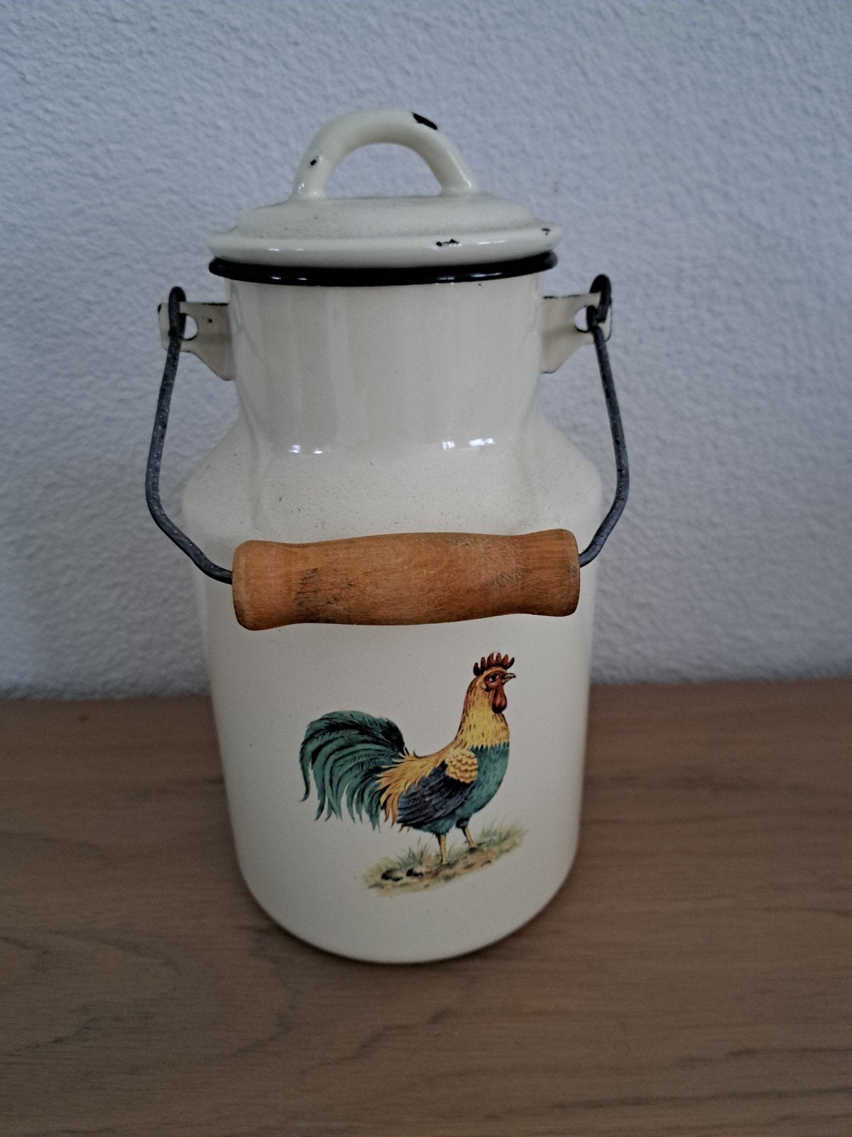 Landelijke creme emaille melkbus afbeelding haan, Antiek en Kunst, Antiek | Emaille, Ophalen of Verzenden