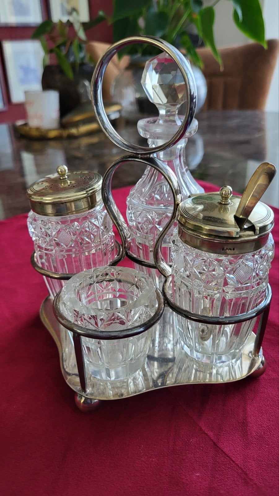 Antieke zilveren en kristallen cruet set, Antiek en Kunst, Ophalen of Verzenden