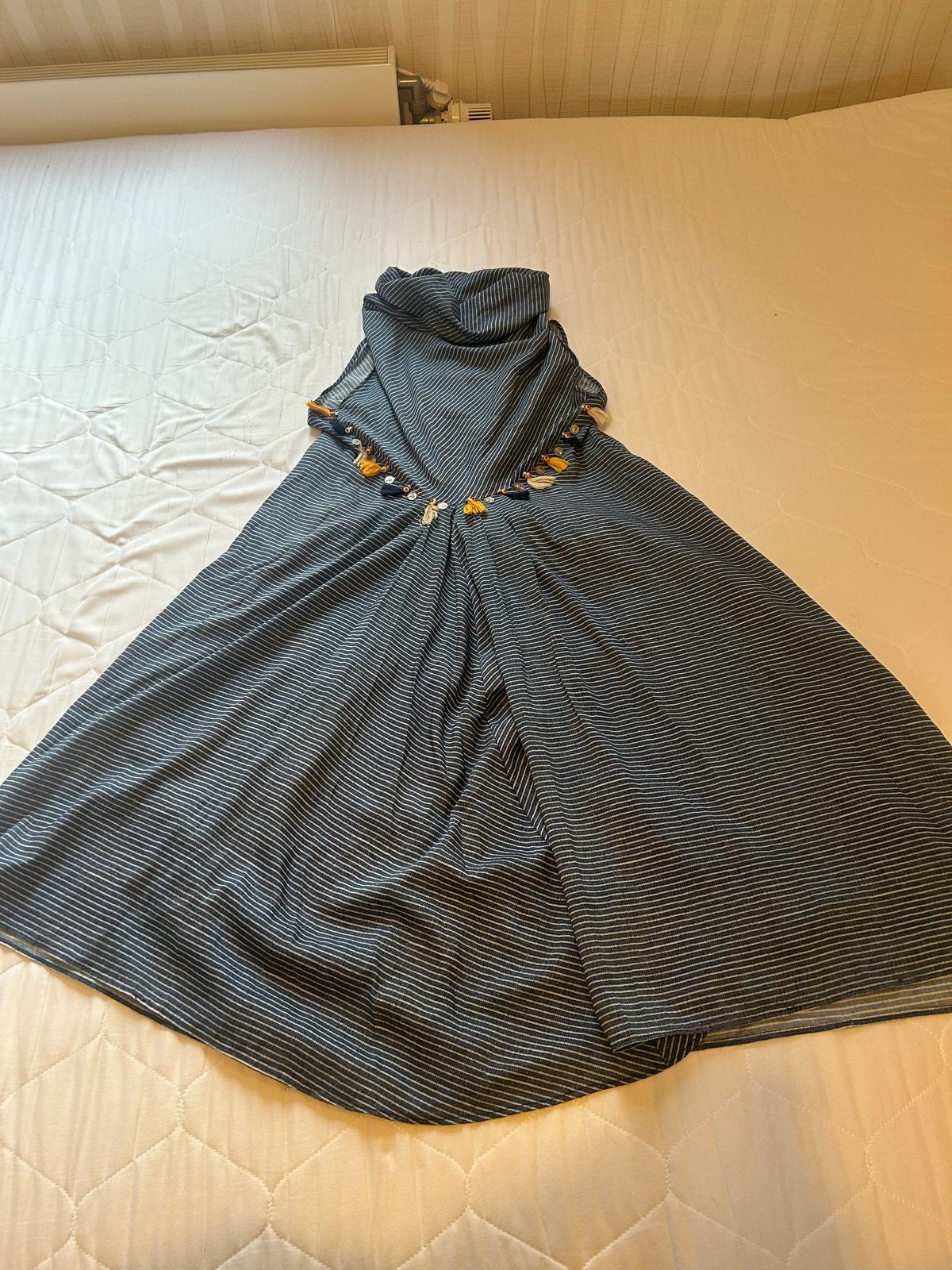 Gestreepte strapless jurk met kwastjes, Maat 38/40 (M), Blauw, Ophalen of Verzenden, Zo goed als nieuw