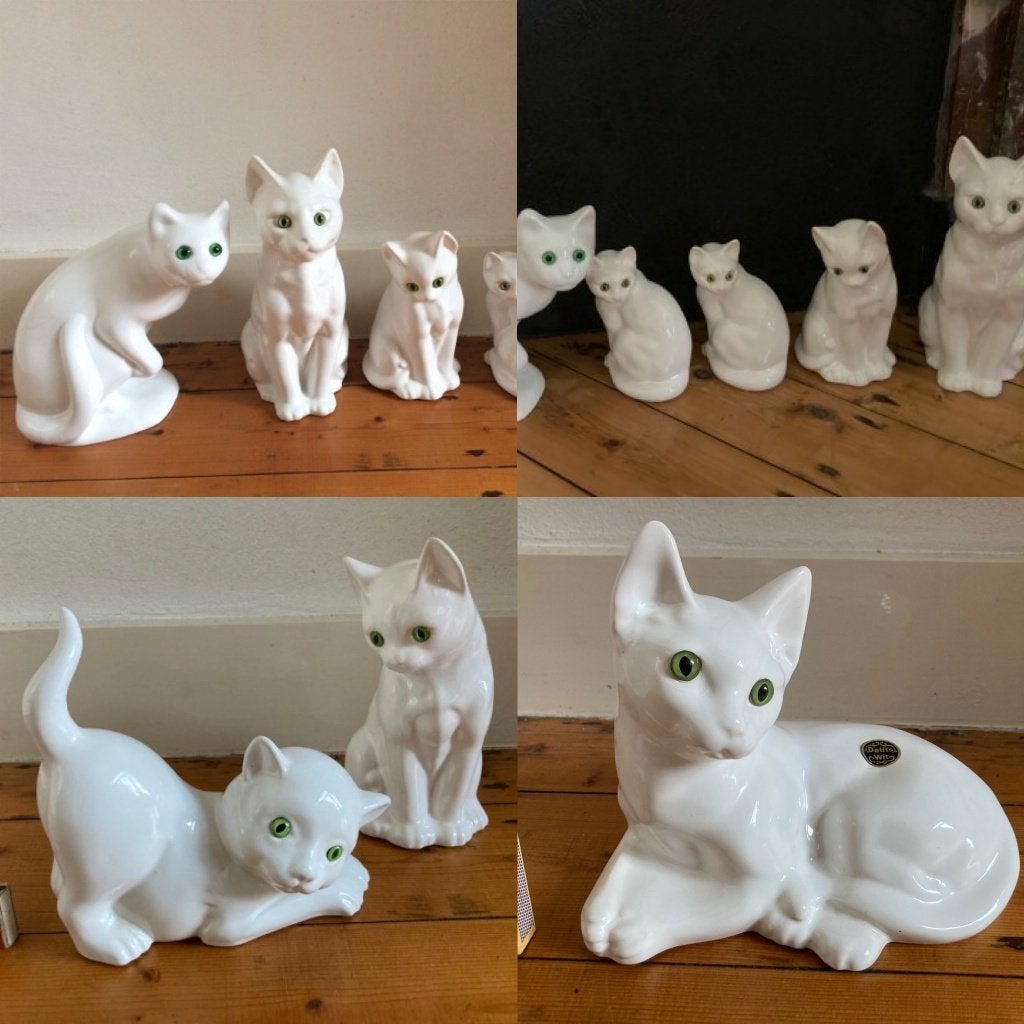 11 jaren 80 vintage witte poezen beeldjes groene oogjes ogen, Ophalen of Verzenden, Zo goed als nieuw, Dier