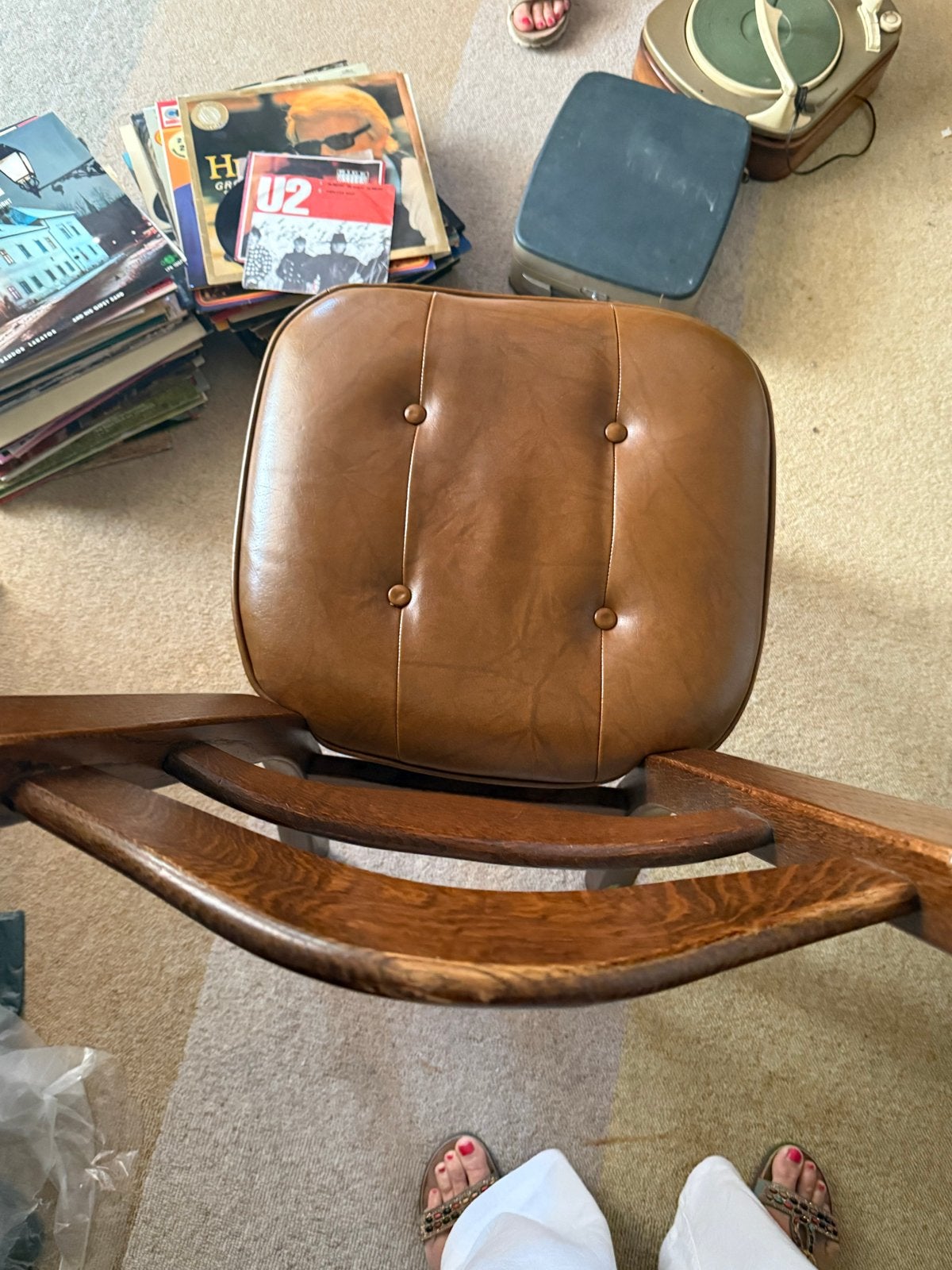 6x Vintage houten stoel met leren zitting, Ophalen