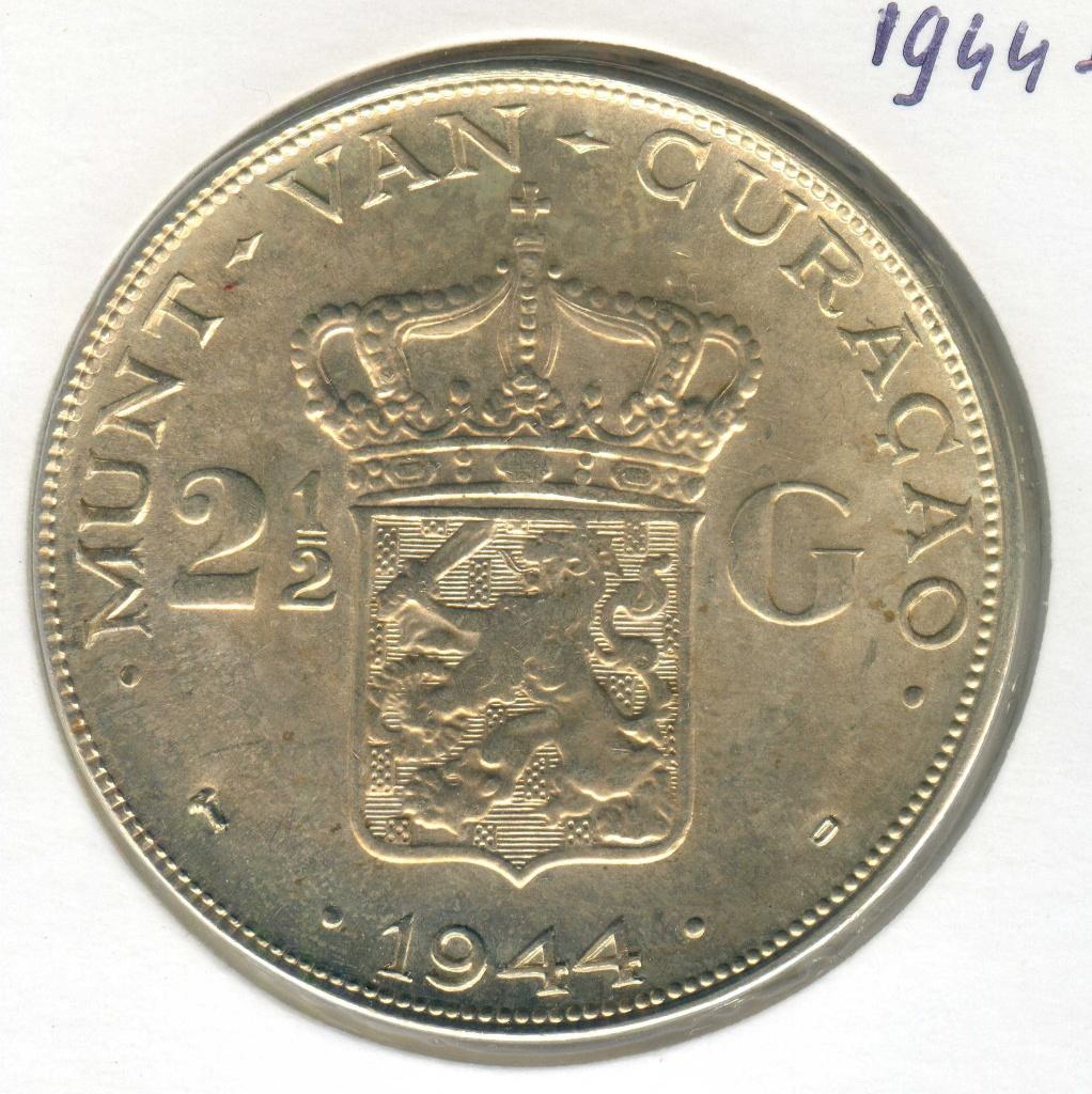Curacao 2,5 Gulden 1944 UNC Oplage 140.000 ! Mooi Exemplaar, Verzenden, Koningin Wilhelmina, 1 gulden, Zilver
