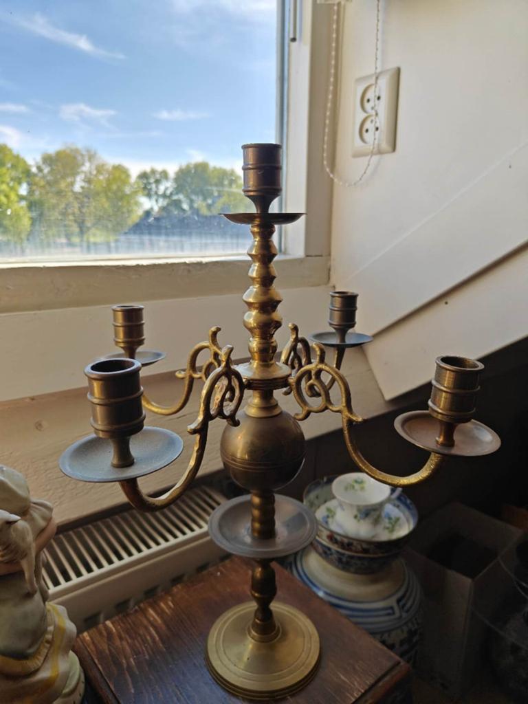 Antieke bronskleurig kandelaar met vijf armen, Ophalen of Verzenden, Koper of Brons