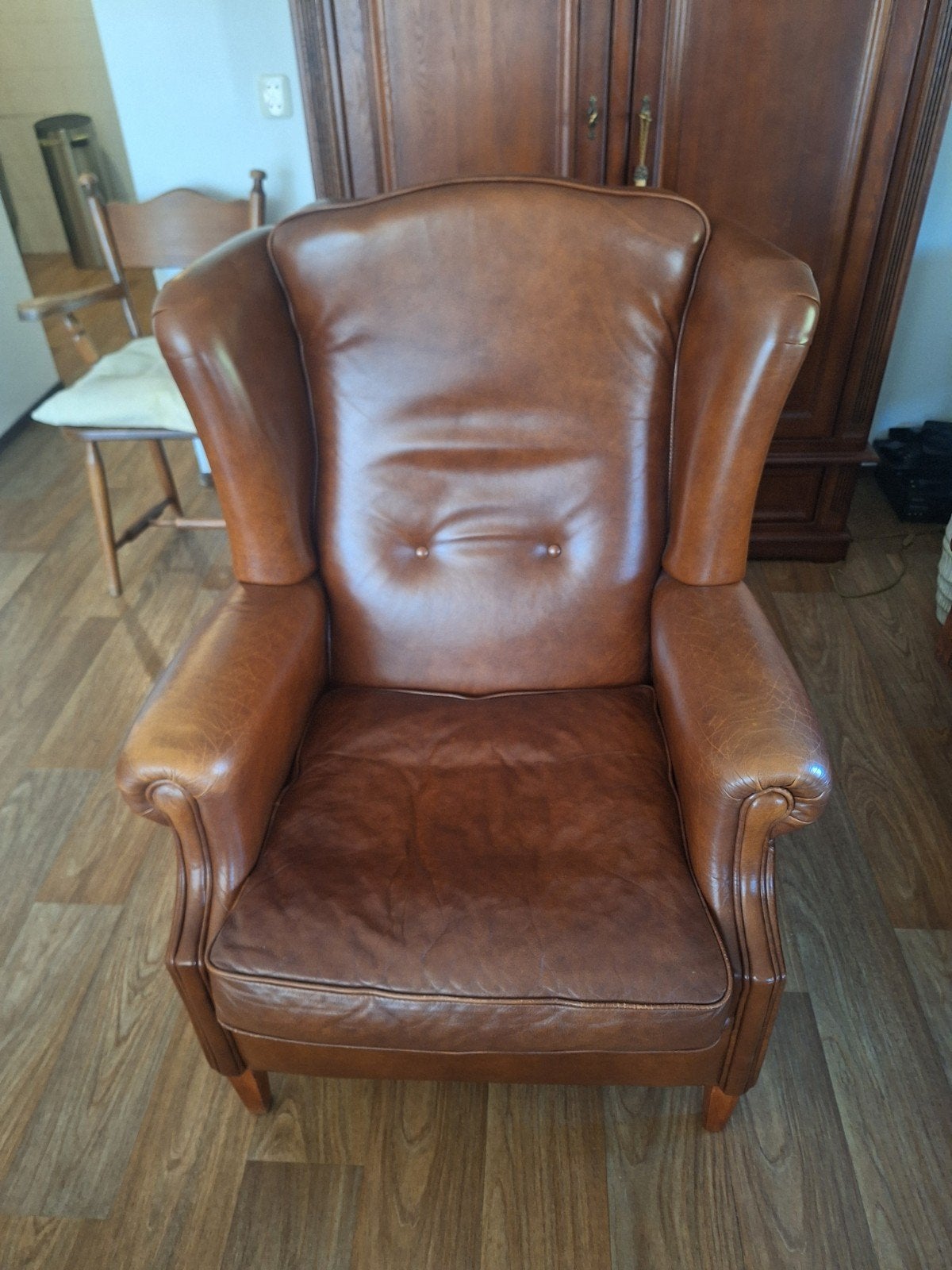 Bruine leren fauteuil, Ophalen, Gebruikt, 75 tot 100 cm