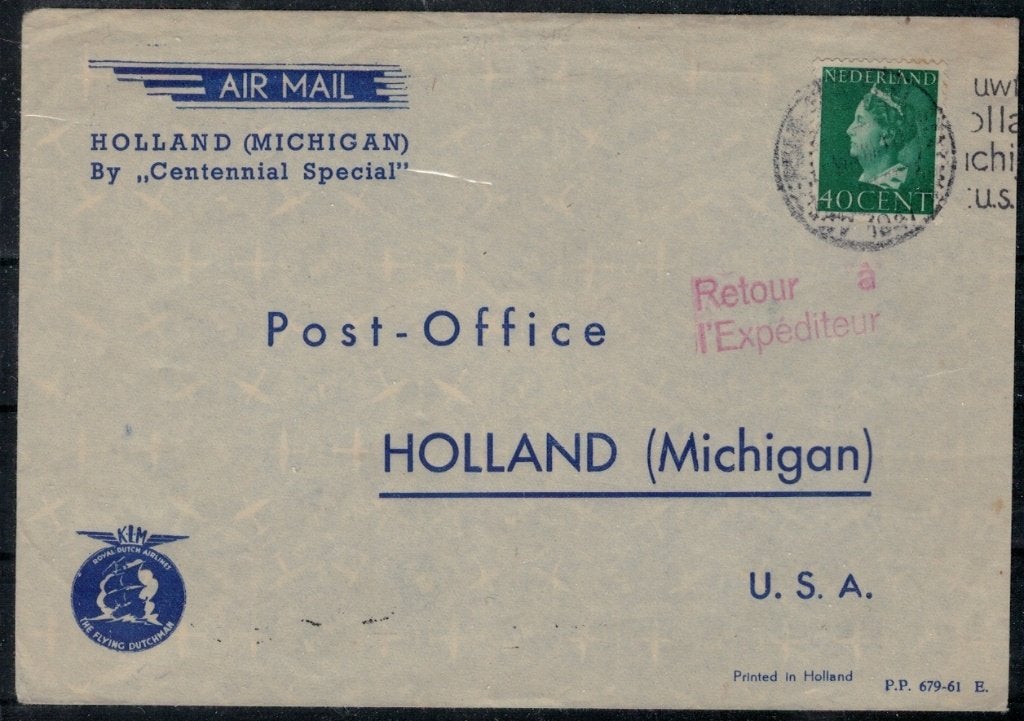 F182 Nederland KLM vlucht naar USA, Verzenden, T/m 1940, Postfris