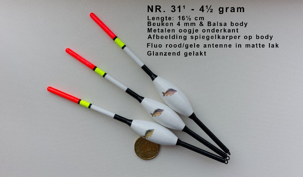 KARPERDOBBER HANDBUILT NR. 31¹ / 4½ gram, Watersport en Boten, Ophalen of Verzenden, Nieuw, Dobber of Lood