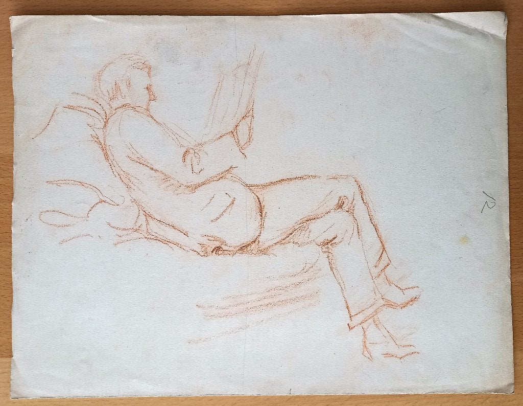 A493-32 Oude tekening Man lezend op bank - stadsgezicht, Antiek en Kunst, Ophalen of Verzenden