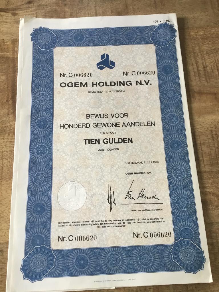 Bewijs aandelen OGEM holding met dividendbewijzen, Verzenden, 1970 tot heden, Aandeel