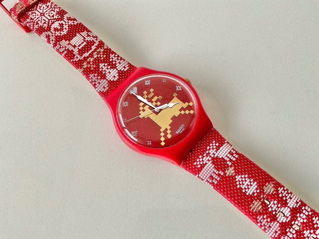 Swatch Red Knit Christmas limited edition, Overige materialen, Leer, Polshorloge, Swatch