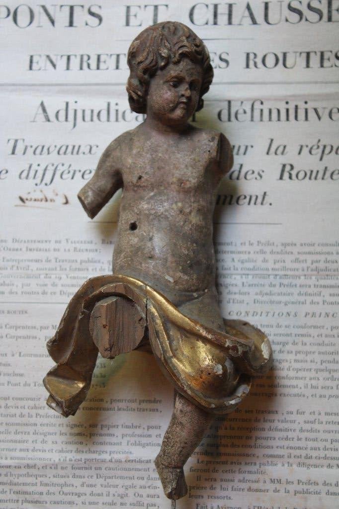Antiek frans 18e eeuws barok engel putti bois dore patine, Antiek en Kunst, Antiek | Religie, Ophalen of Verzenden
