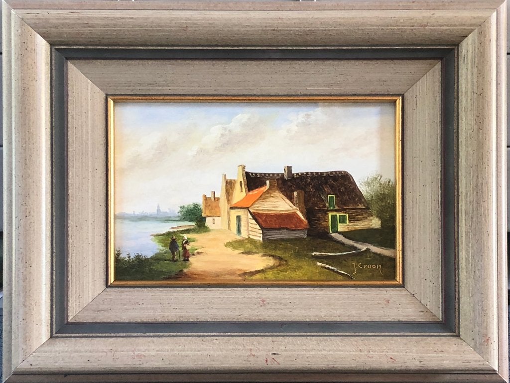 J. Croon Schilderij 'Nederlands vergezicht met mensen en ..', Antiek en Kunst, Ophalen of Verzenden