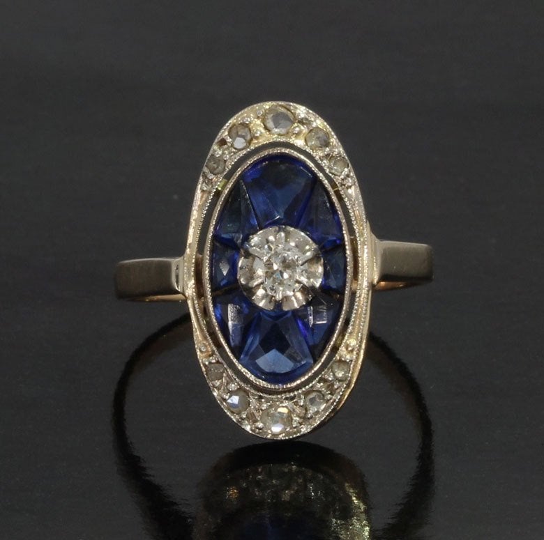 Art Deco diamant saffier 14k ring goud uniek dames antiek, Ophalen of Verzenden, Goud, Ring, Met edelsteen