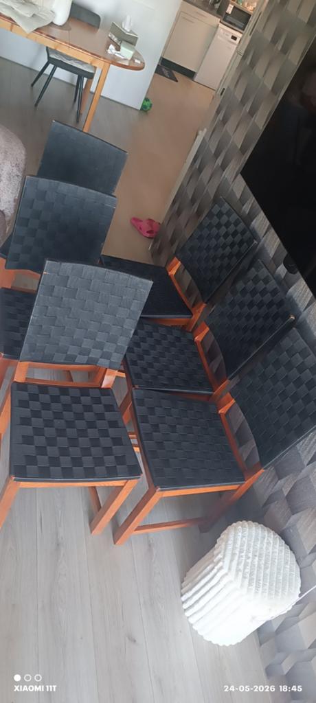Set van 6 zwarte hout stoelen, Gebruikt, Zwart, Ophalen of Verzenden, Stof