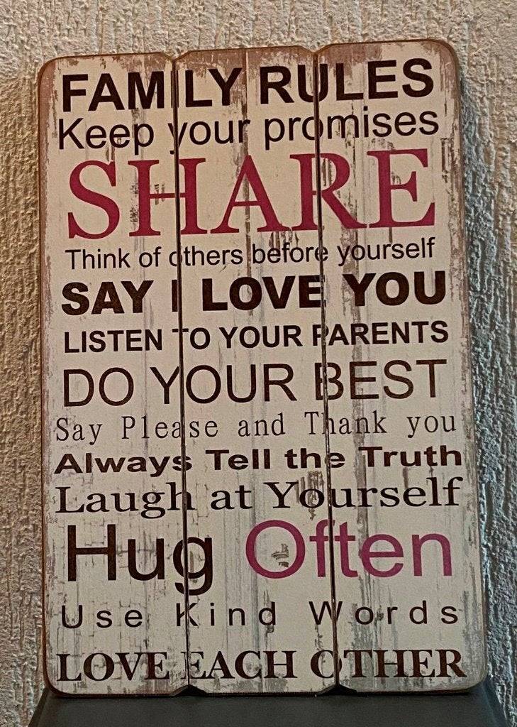 Decoratie Bord Family Rules, Tekstbord, Met ophangmogelijkheid, 30 cm, Ophalen of Verzenden