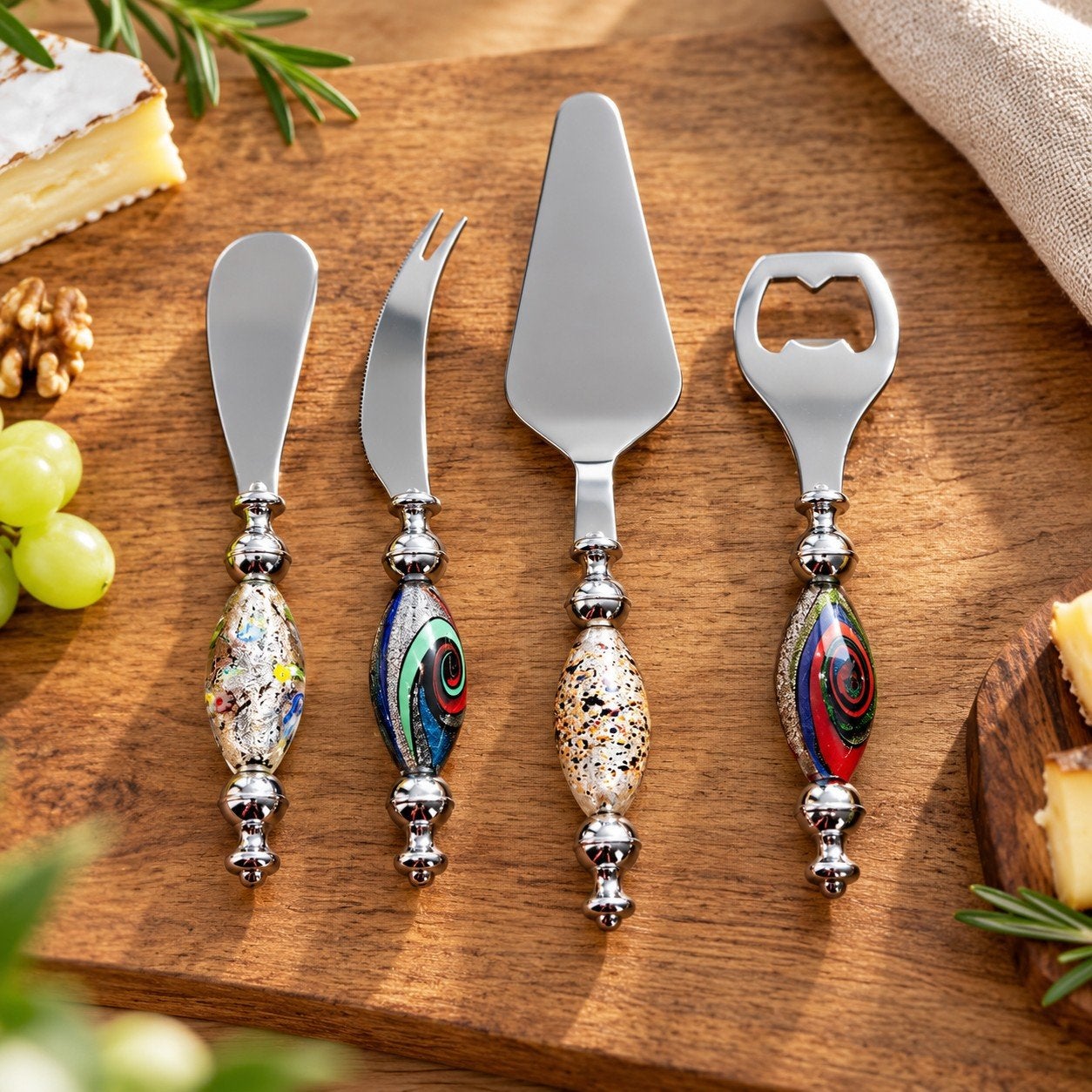 Luxe Murano kaasset 4-delig Millefiori mes taartschep opener, Ophalen of Verzenden, Nieuw, Overige materialen, Bestek