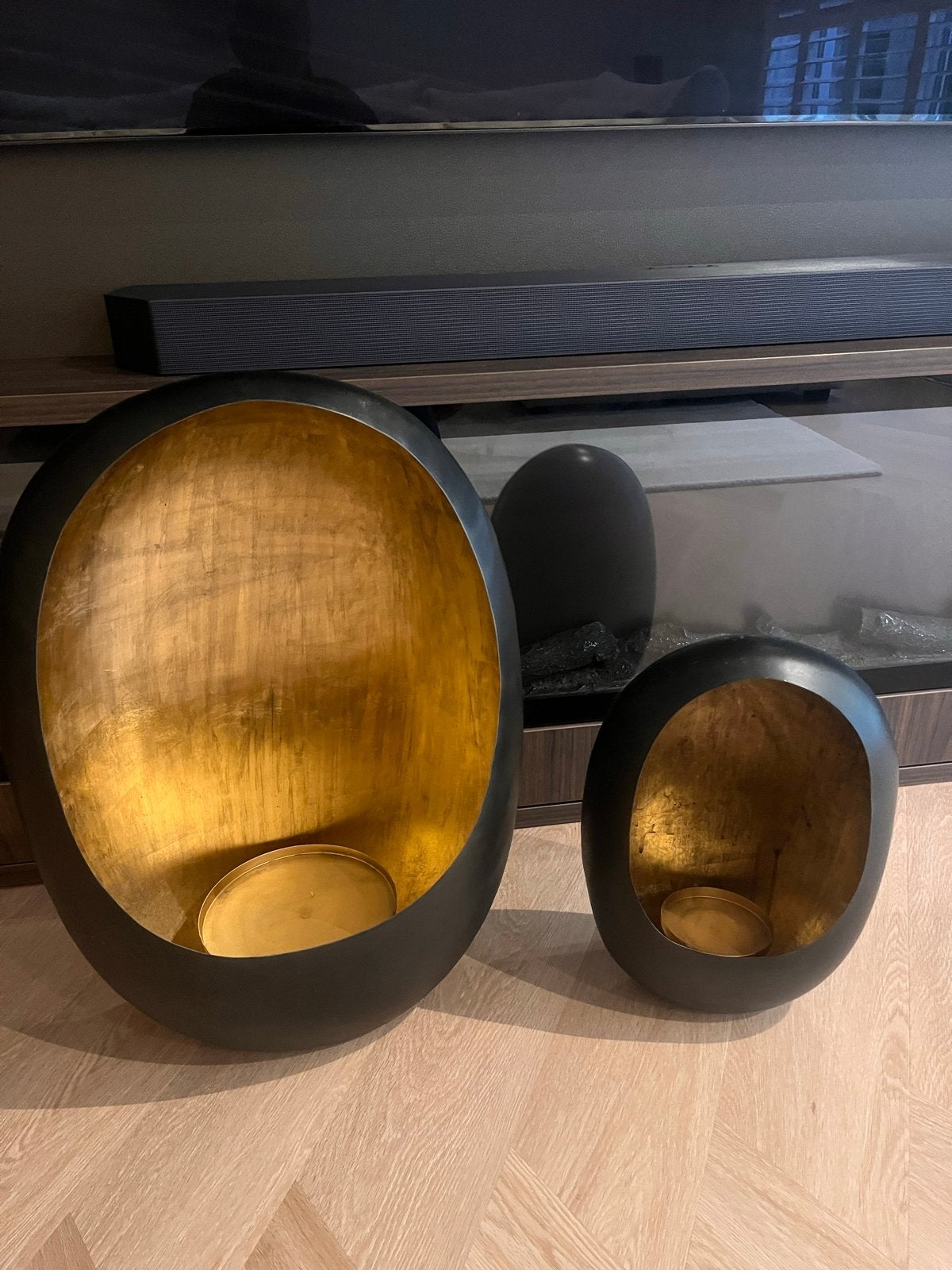 Set van 2 ei-vormige kandelaars (62cm & 40cm), Huis en Inrichting, Gebruikt, Ophalen of Verzenden, Metaal, Kandelaar