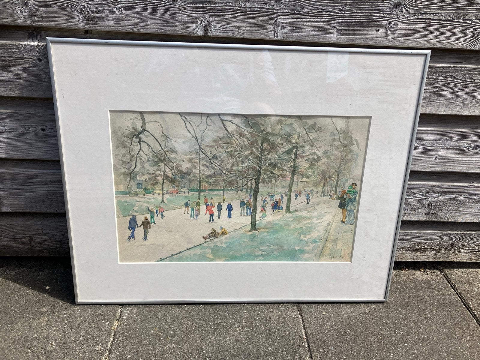 Schilderij Aquarel Winterlandschap met Schaatsers, Realistisch, Ophalen of Verzenden, Aquarel, Ingelijst