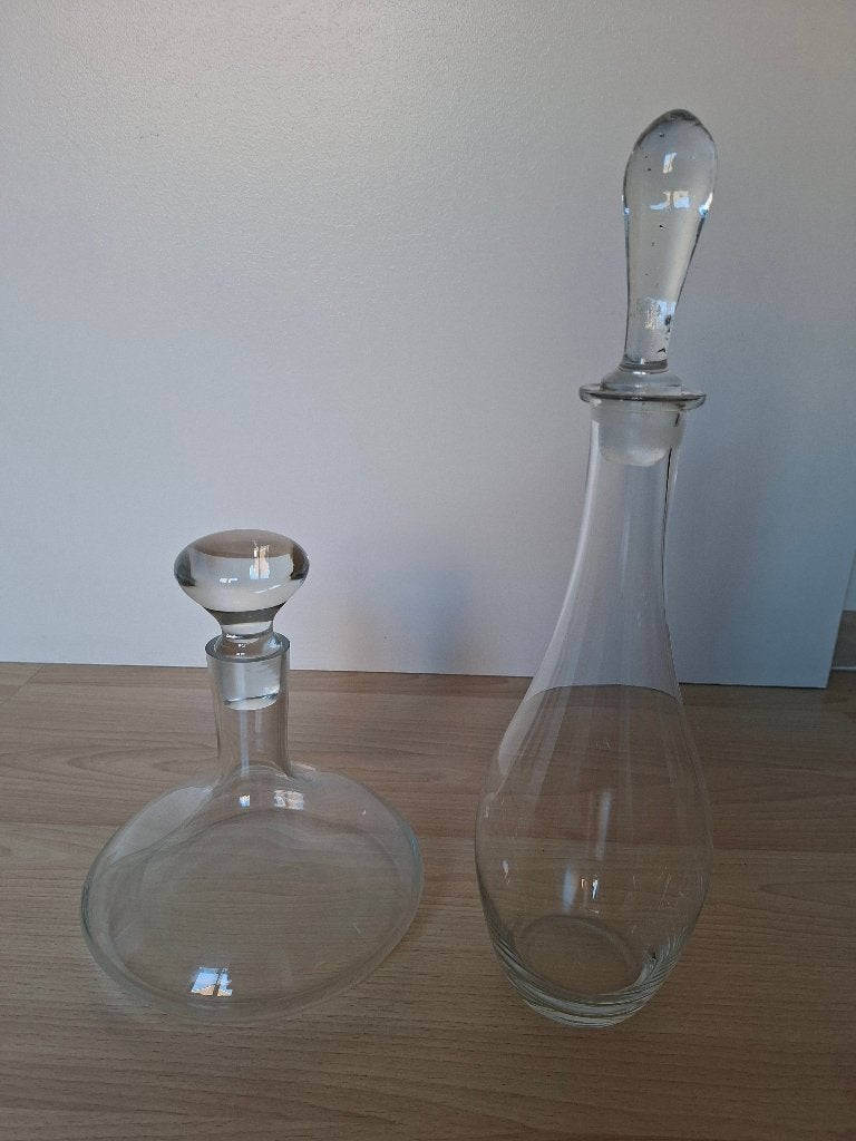 2 Vintage Glazen Karaffen met Glazen Dop (H: 40cm & 24cm), Ophalen of Verzenden