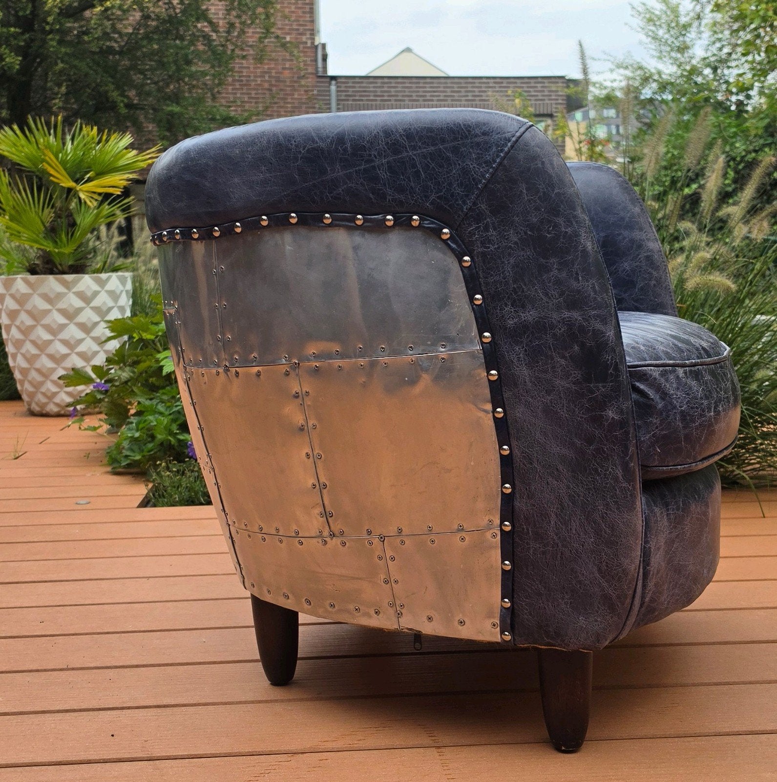 Leren fauteuil met aluminium accenten - Aviator stijl, Huis en Inrichting, Aviator, Industrieel, Vintage, 75 tot 100 cm, Ophalen of Verzenden