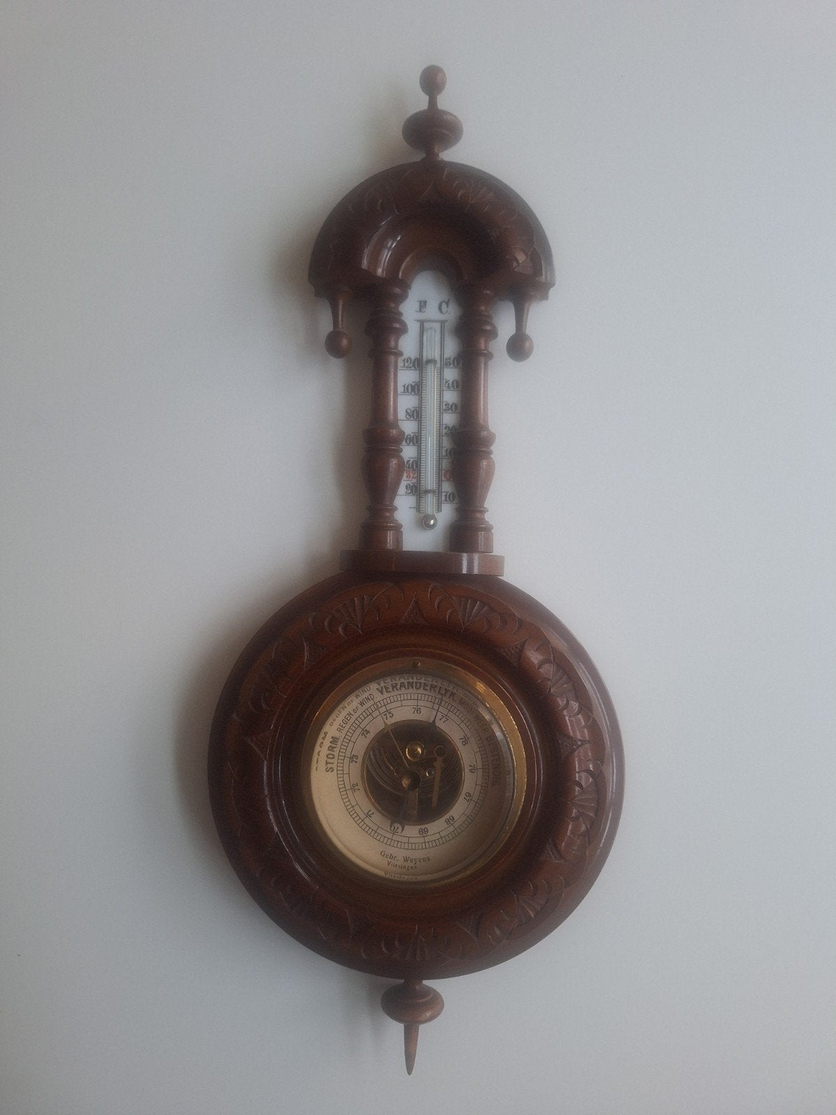Antieke Barometer met Thermometer - Houtsnijwerk, Audio, Tv en Foto, Ophalen of Verzenden, Gebruikt, Barometer