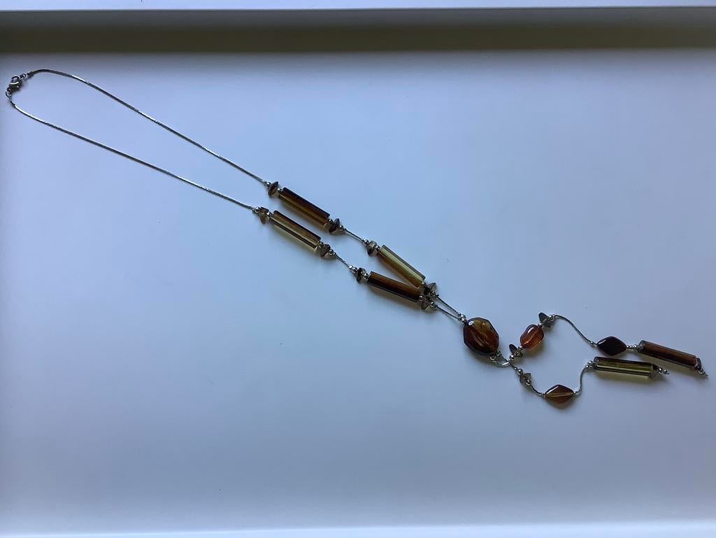 vintage lange ketting met glazen kralen, Ophalen of Verzenden, Gebruikt, Overige kleuren, Steen of Mineraal